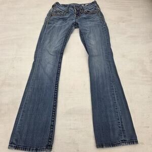 Miss Me Boot Jeans Distressed Dark Blue Denim Women Sz 26 Whiskers